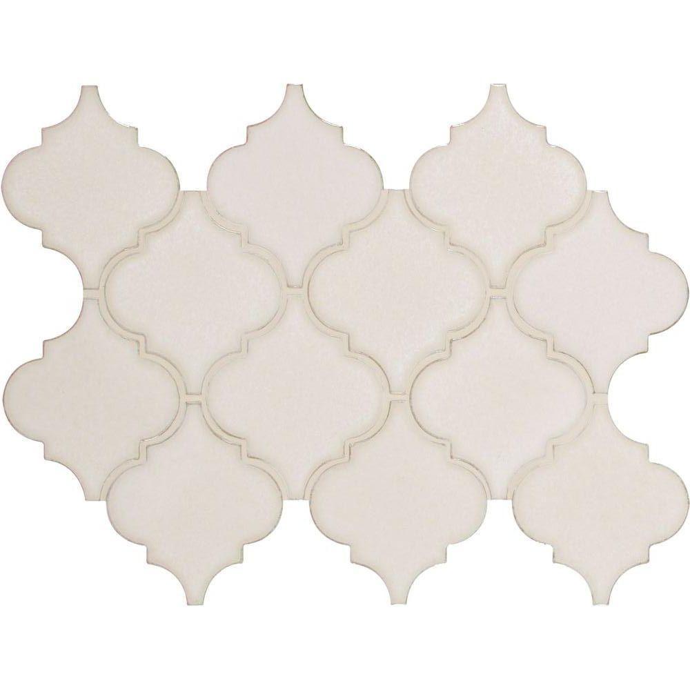 Antique White Arabesque 10-1/2 in. x 15-1/2 in. x 8mm Glazed Ceramic Mesh-Mounted Mosaic Wall Tile (11.7 sq. ft. / case)
