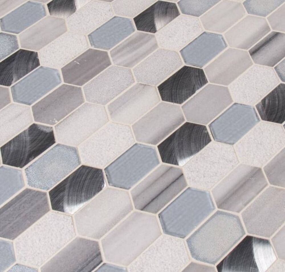 Elongated Hexagon White Grey Silver Multi Textured Glass Stone Metal Mosaic Wall Tile for Kitchen Backsplash, Wall Tile for Bathroom, Shower Wall Tile, Accent Wall