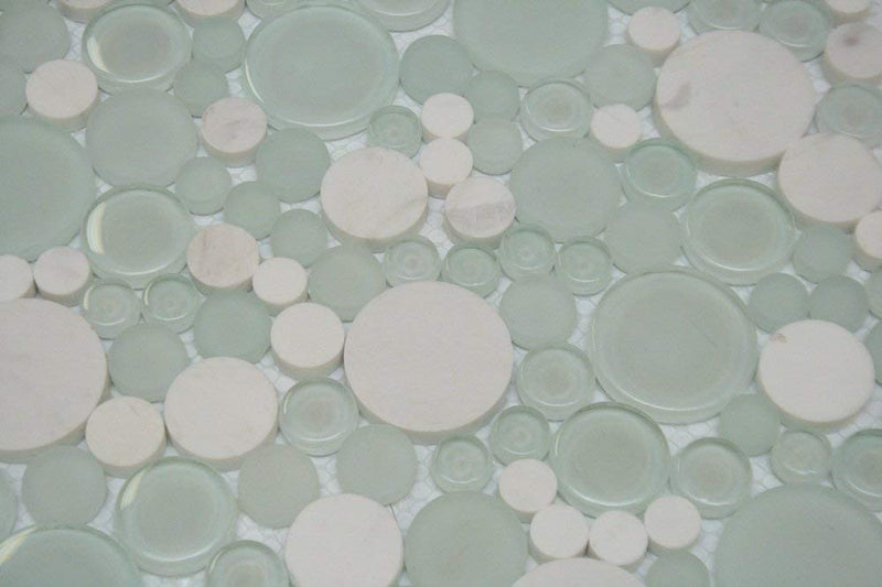 Mint Green and Snow Dove Bubbles Mosaic Frosted Polished Glass Wall Tile with White Marble  10.5" X10.5" for Bathroom Shower, Kitchen Backsplash, Accent Decor