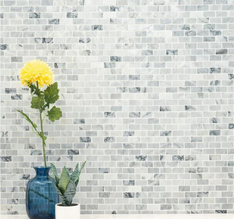 Carrara White with Grey Brick 1x2 Inch Marble Mosaic Floor and Wall Tile, Kitchen Backsplash, Accent Wall, Pool Tile