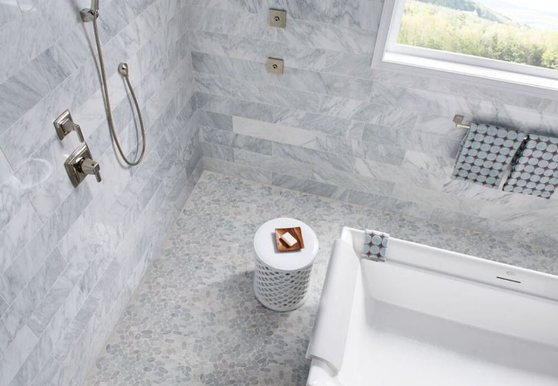 Carrara White, Greyish and Dark Grey Tumbled Sliced Pebble Floor and Wall Tile, Kitchen Backsplash , Accent Wall, Pool Tile, Fireplace