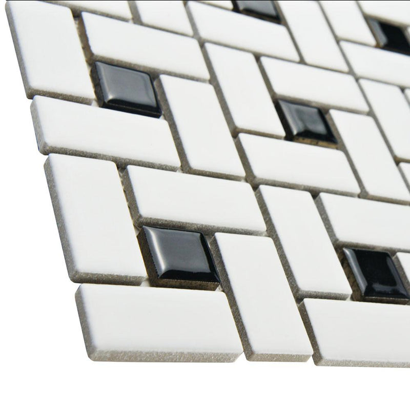 Spiral Pattern Porcelain Pinwheel Mosaic Floor Wall Tile Matte White w/Shiny Black Dots for Kitchen Backsplash, Bathroom Shower, Accent Wall