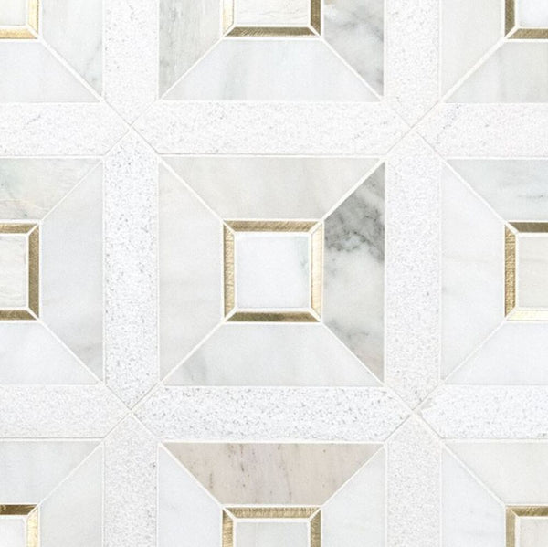 Veneto White with Yellow Gold Marble Stone Multi Surface and Metal Wall Mosaic Tile for Bathroom Walls, Kitchen Backsplashes, Accent Wall, Fireplace Surround
