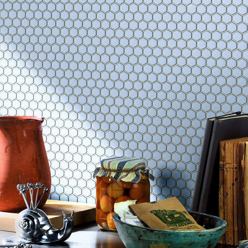 Vintage Sky Blue Hexagon Porcelain Wall Floor Mosaic Tile Polished for Kitchen Backsplash, Bathroom Shower, Accent décor