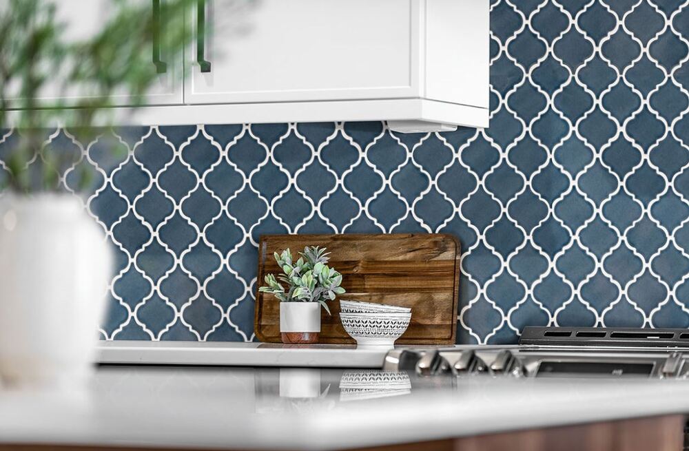 Navy Blue Lantern Arabesque Handcrafted Ceramic Mosaic Wall Tile for Kitchen Backsplash, Bathroom, Accent Wall