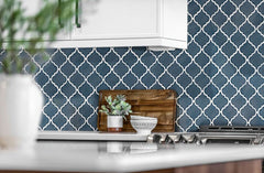 Navy Blue Lantern Arabesque Handcrafted Ceramic Mosaic Wall Tile for Kitchen Backsplash, Bathroom, Accent Wall