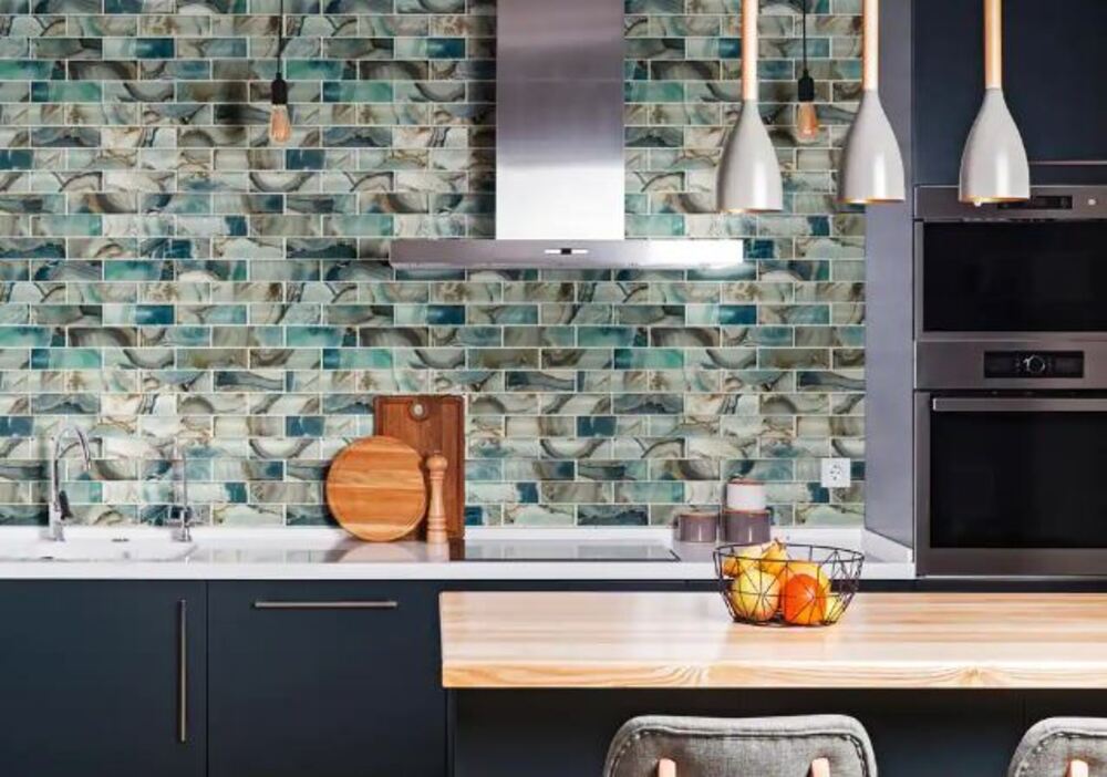 2x6 Ocean Blue and Brownish Shaded Brick Textured Glass Mesh Mounted Mosaic Wall Tile for Kitchen and Bathroom Backsplash, Shower Wall Tile, Accent Wall