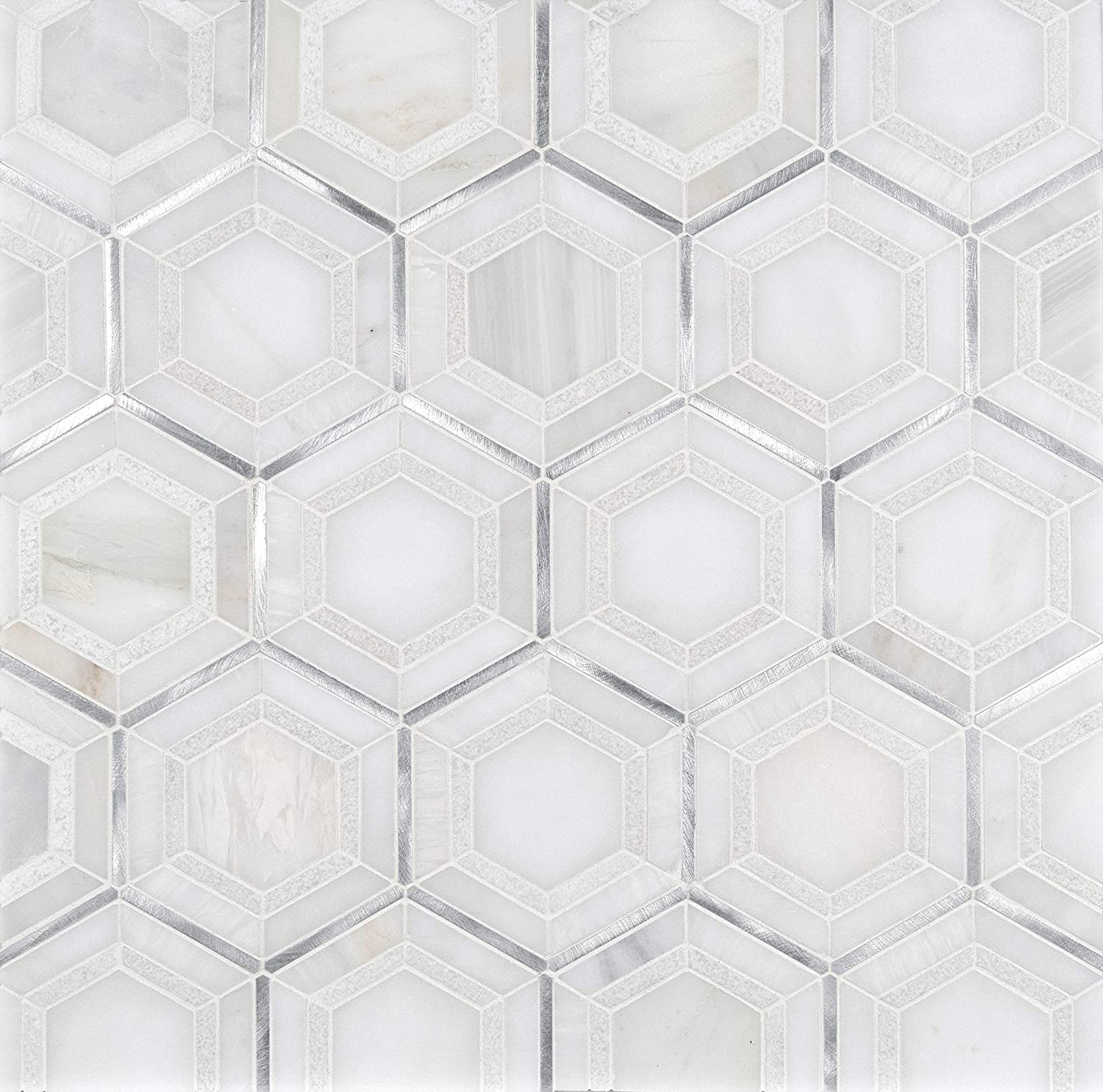 MS International Medici Silver Pattern 12.44 in. x 10.83 in. Marble Mesh-Mounted Mosaic Wall Tile for Bathroom, Floor Tile, Kitchen Backsplash and Countertop Tile, Gray, White, Silver