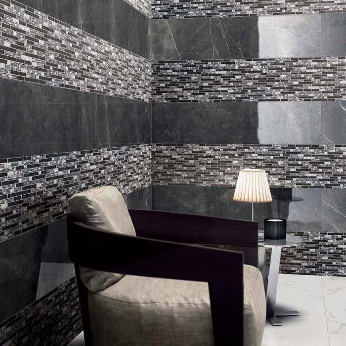 Newport Black Suede Waterfall 12 in. x 12 in. Mesh-Mounted Glass Mosaic Wall Tile