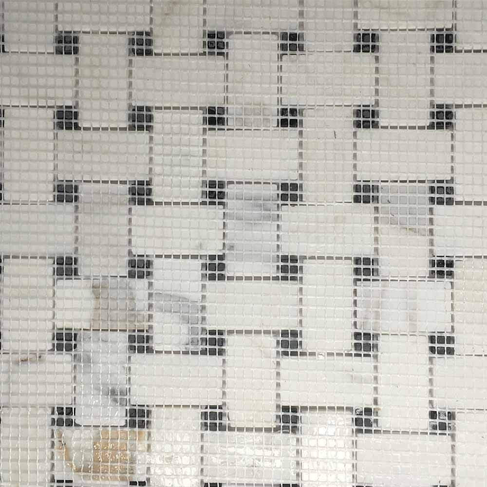 Calacatta Gold Italian Marble Basketweave Mosaic Floor Wall Tile with Black Dots for Bathroom Shower, Kitchen Backsplashes, Fireplace