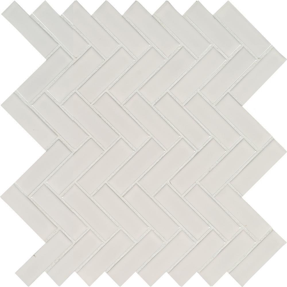 MSI White Glossy Herringbone 9.72 in. x 12.52 in. x 10mm Porcelain Mesh-Mounted Mosaic Tile (16.9 sq. ft. / case)