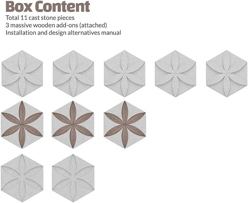 Peel and Stick Decorative Hexagonal 9x7.8 inch Wall Sculpture Panel Derin Series, Cast Stone, DIY Easy to Install, Wooden Add-ons (Box of 11 Pieces)