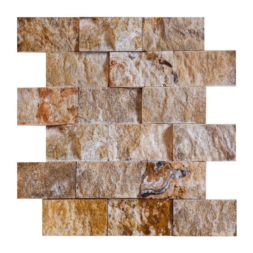 Scabos 2x4 Split Faced Travertine Brick Mosaic Stone Wall Tile ( on 12" x 12" Mesh Sheet)