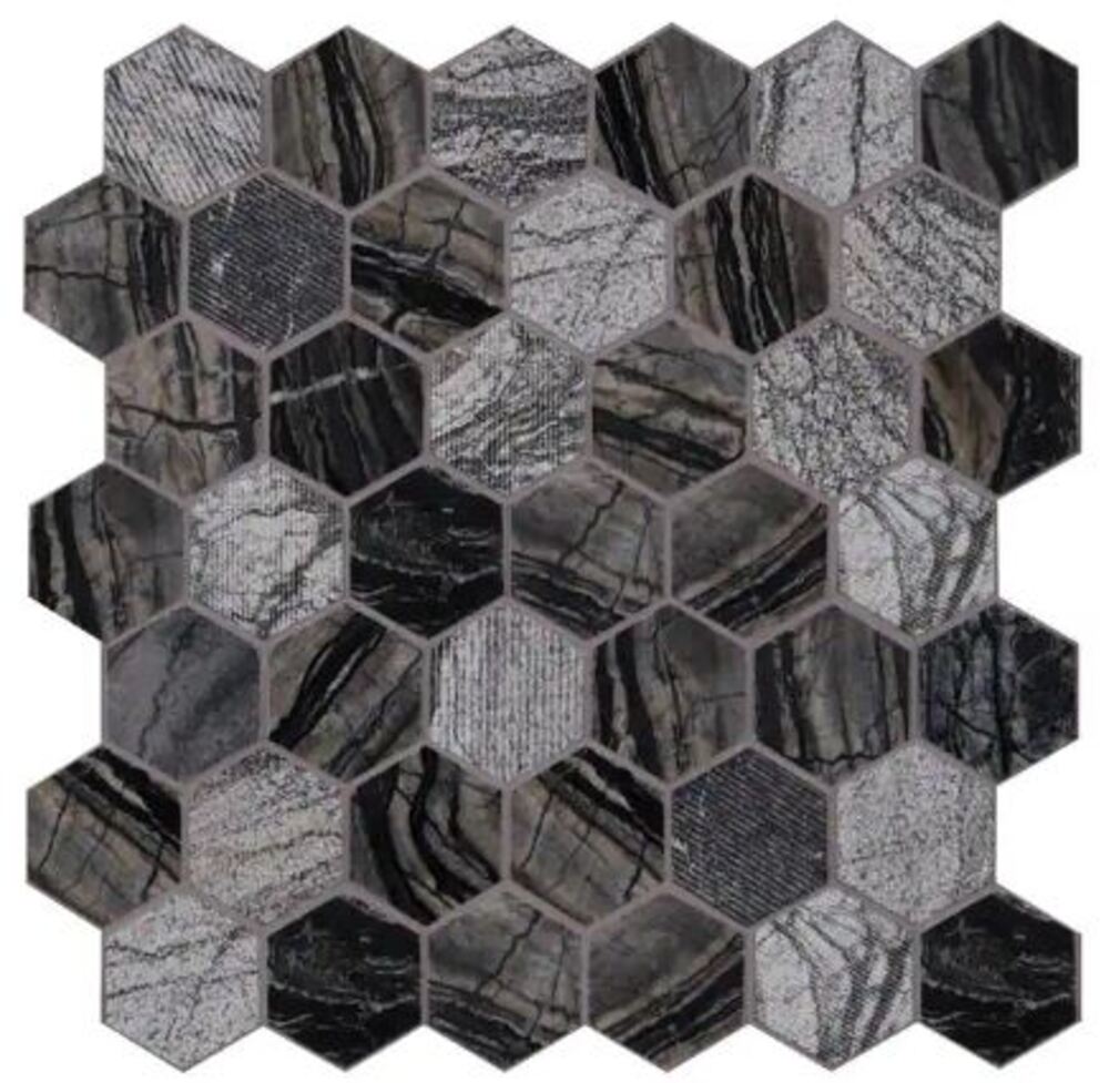 2 in. Hexagon Black Blend with Multi Greyish Textured Marble Mosaic Floor and Wall Tile for Kitchen Backsplash, Shower, Bathroom, Accent Wall, Fireplace Surround