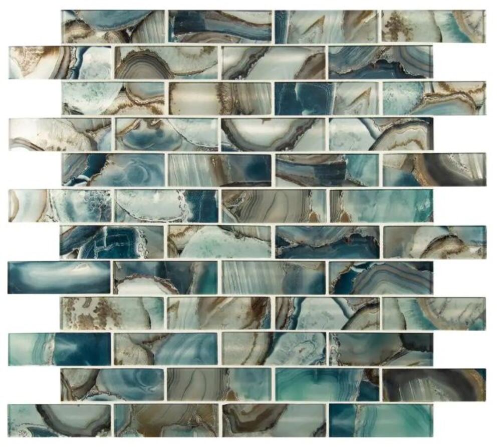 2x6 Ocean Blue and Brownish Shaded Brick Textured Glass Mesh Mounted Mosaic Wall Tile for Kitchen and Bathroom Backsplash, Shower Wall Tile, Accent Wall