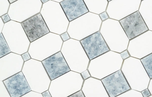 Florence White Elongated Hexagon with Bluish Square Geometric Marble Mosaic Floor and Wall Tile for Bathroom Walls, Kitchen Backsplashes, Accent Wall, Fireplace Surround