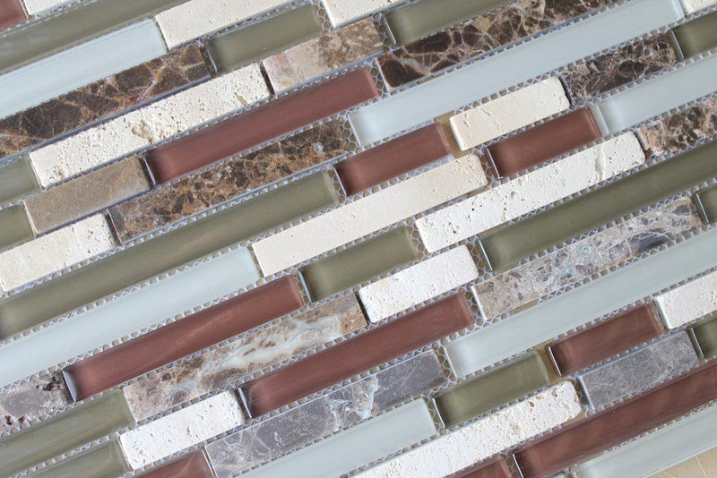 10 sq ft - Bliss Cabernet Stone and Glass Linear Mosaic Tiles - Kitchen Backsplash/Tub Surround