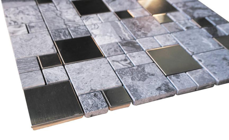 Pebble Stone Marble with Grey Metallic Square Glass Mosaic Wall Tile for Bathroom Shower, Kitchen Backsplash, Fireplace