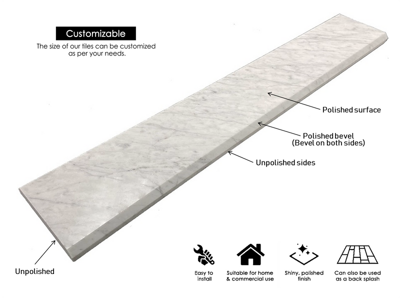 Carrara Marble Floor Doorway Threshold (Marble Saddle) Polished for Shower Curb, Window Sill, Vanity Backsplash, Floor Transition