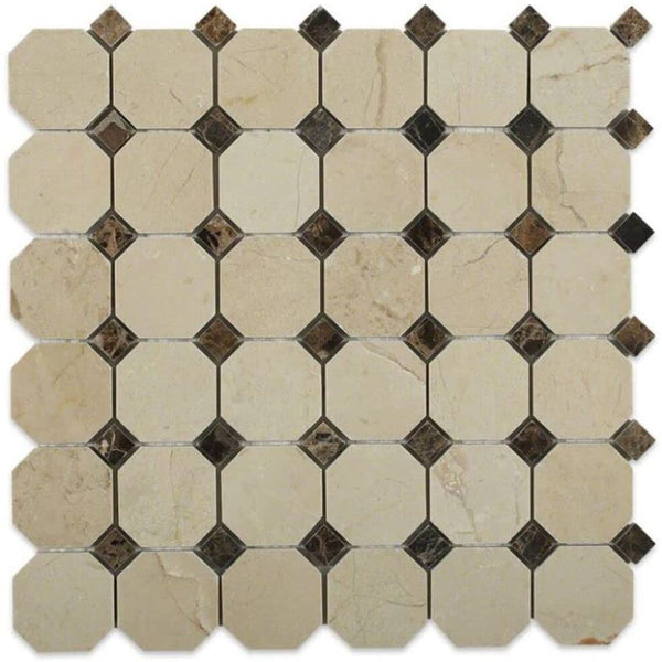 Crema Marfil 2 Inch Octagon Pattern with Dark Emperador Dots Marble Tile Mosaics for Floor and Wall, Bathroom and Kitchen Walls Kitchen Backsplashes - 5 Sheet Pack Set - 5 Sqft