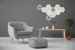 Peel and Stick Decorative Hexagonal 9x7.8 inch Wall Sculpture Panel Derin Series, Cast Stone, DIY Easy to Install, Wooden Add-ons (Box of 11 Pieces)