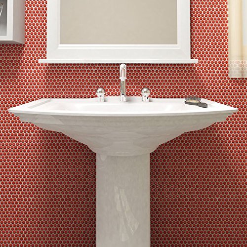 Penny Round Vintage Red Porcelain Mosaic for Bathroom Floors and Walls, Kitchen Backsplashes, Pool Tile