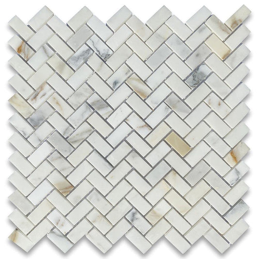 Tenedos Calacatta Gold Marble Mini Herringbone Mosaic Floor and Wall Tile Polished for Kitchen Backsplash| Bathroom Shower| Fireplace Surround