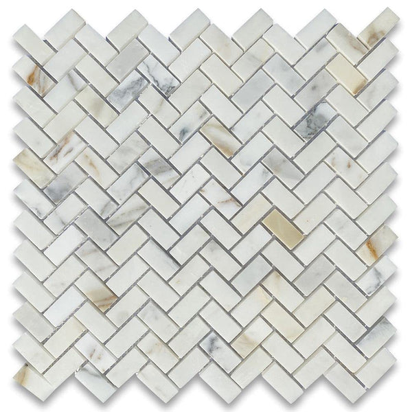 Tenedos Calacatta Gold Marble Mini Herringbone Mosaic Floor and Wall Tile Polished for Kitchen Backsplash| Bathroom Shower| Fireplace Surround