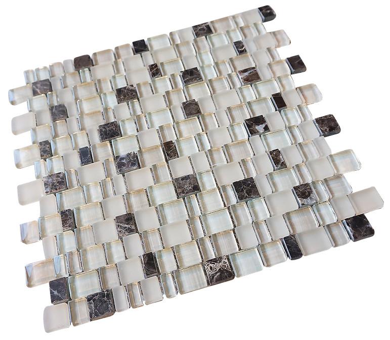 Glossy and Matte Off White with Dark Emperador Random Brick Cubes Pattern Glass Mosaic Tiles for Bathroom and Kitchen Walls Kitchen Backsplashes - (Tenedos)