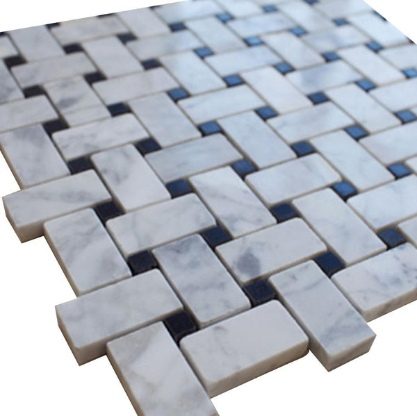 White Carrara Basketweave with Black Dots Stone Tile Mosaics by Vogue Tile - Tenedos