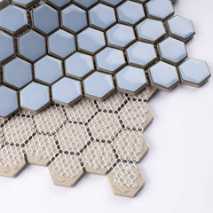 Vintage Sky Blue Hexagon Porcelain Wall Floor Mosaic Tile Polished for Kitchen Backsplash, Bathroom Shower, Accent décor