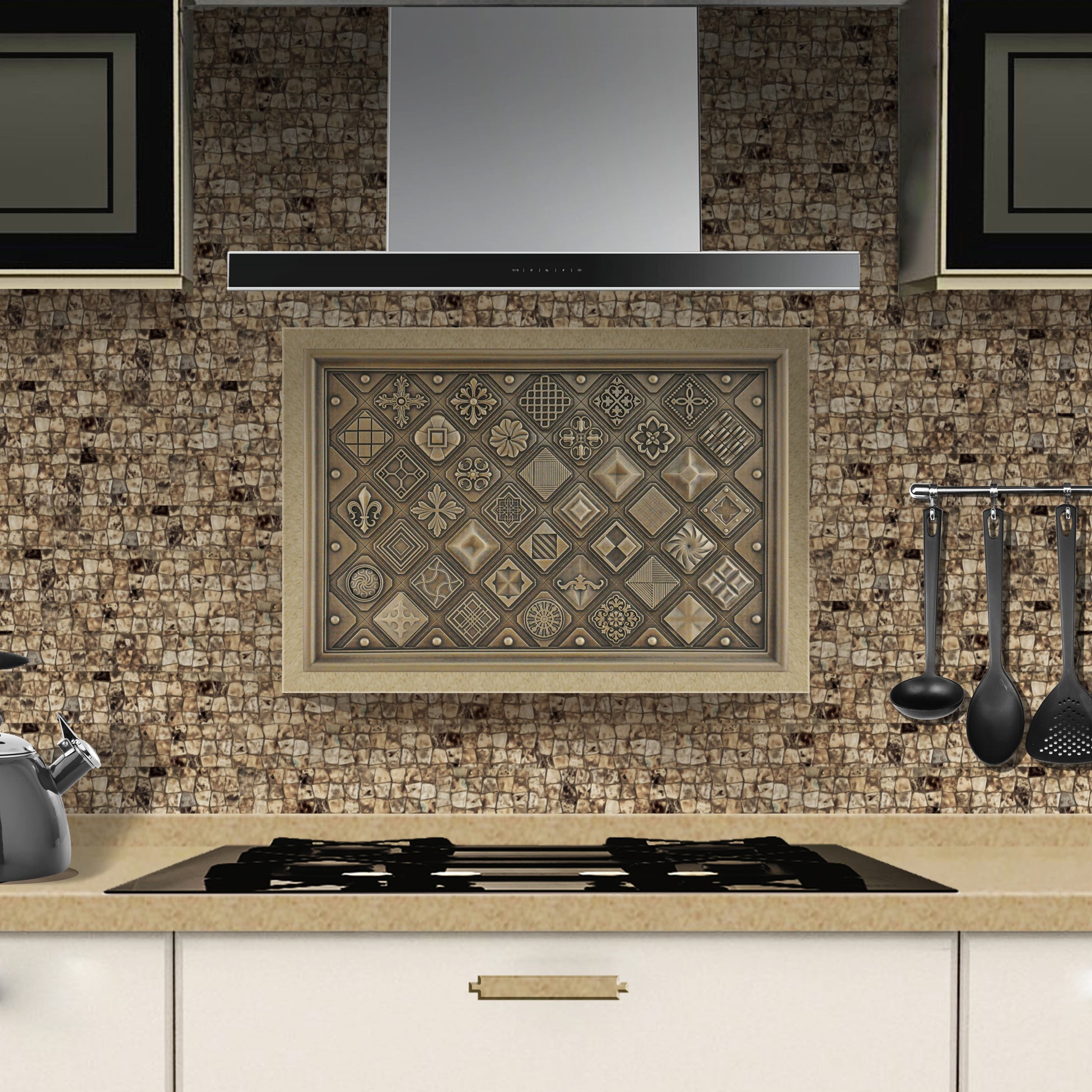 12x18 inch Potpourri Mix Hand Made Textured Premium Metal Decorative Mural Tile for Kitchen Backsplash and Fireplace (Bronze)