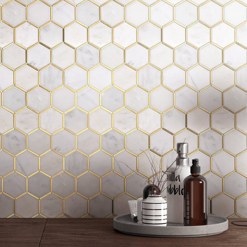 Tenedos Carrara White Marble 3 inch Hexagon Mosaic Tile with Gold Metal Stainless Steel Polished for Kitchen Backsplash Bathroom Flooring Shower Entryway Corrido Spa (10 Sheets)