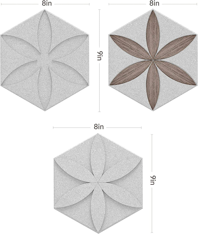 Peel and Stick Decorative Hexagonal 9x7.8 inch Wall Sculpture Panel Derin Series, Cast Stone, DIY Easy to Install, Wooden Add-ons (Box of 11 Pieces)