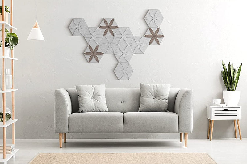 Peel and Stick Decorative Hexagonal 9x7.8 inch Wall Sculpture Panel Derin Series, Cast Stone, DIY Easy to Install, Wooden Add-ons (Box of 11 Pieces)