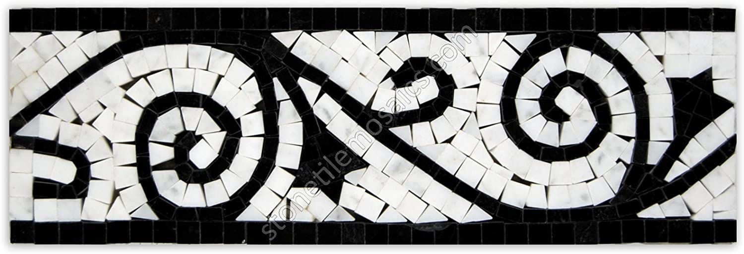 Carrara Marble Italian White Bianco Carrera Flower Mosaic Border Tile Polished (Black)