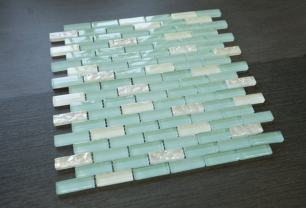 1/2 x 2 Brick Pattern Glass Tile; Color: Sky Blue & White Glass Tile