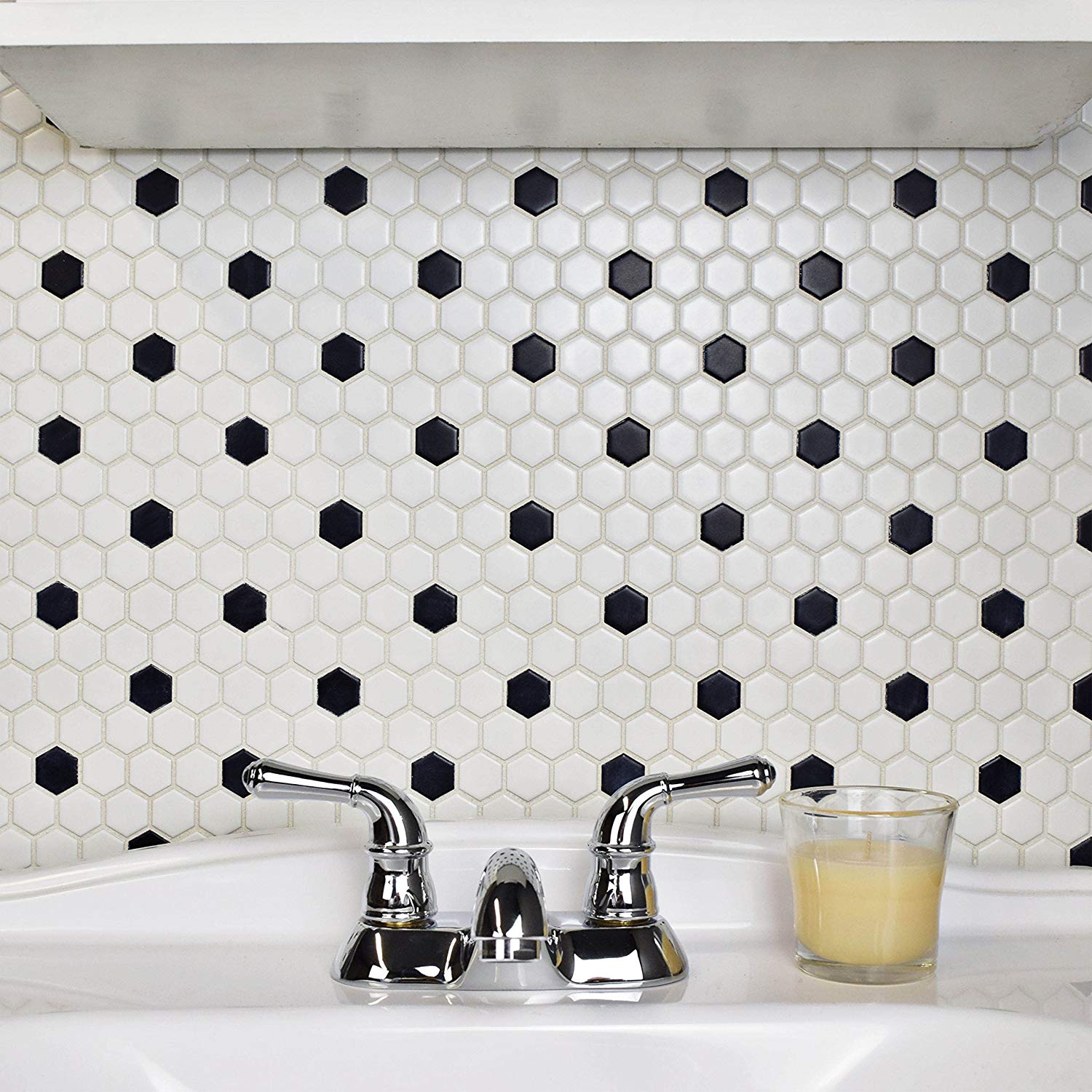Retro Hex Porcelain Floor and Wall Tile, 10.25" x 11.75", Matte White with Black Dot
