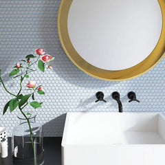 Vintage Sky Blue Hexagon Porcelain Wall Floor Mosaic Tile Polished for Kitchen Backsplash, Bathroom Shower, Accent décor