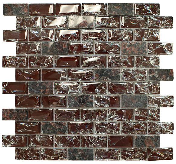 Dark Red Crackle Glass and Brown Granite Mosaic Tile