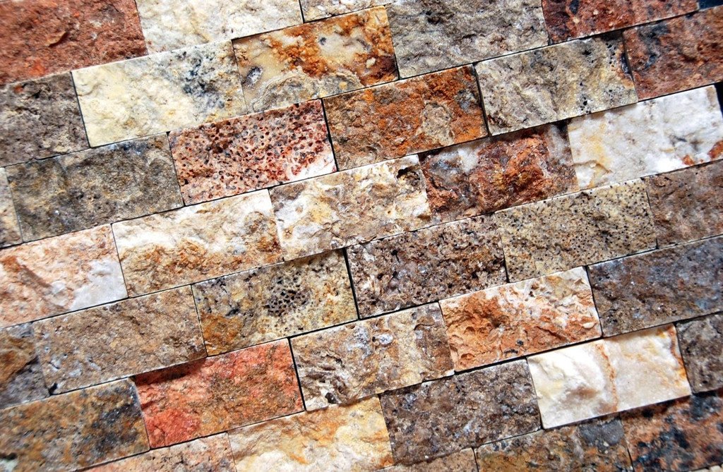 Scabos 2x4 Split Faced Travertine Brick Mosaic Stone Wall Tile ( on 12" x 12" Mesh Sheet)