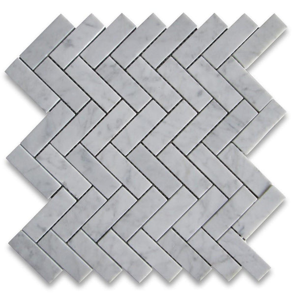 Carrara Marble Italian White Bianco Carrera 1'' x 3'' Herringbone Mosaic Tile Honed - Tenedos