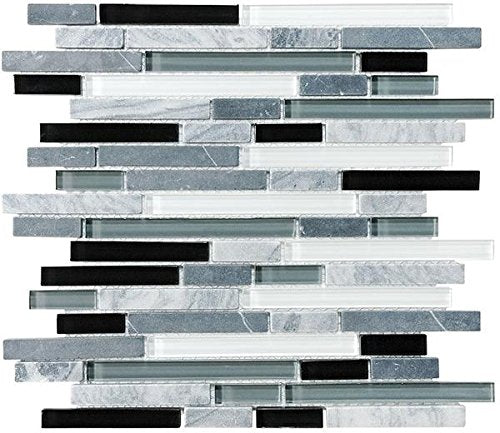 10 Sq Ft - Bliss Midnight Stone and Glass Linear Mosaic Tiles - Kitchen Backsplash/Tub Surround