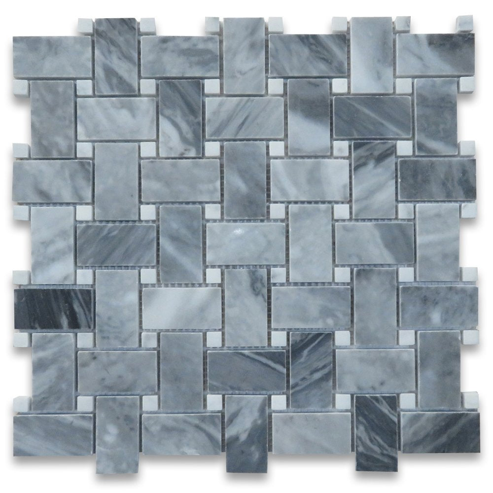 Bardiglio Gray Italian Dark Gray Marble Basket weave 1x2 Mosaic Floor Wall Tile Carrara White Dots Polished