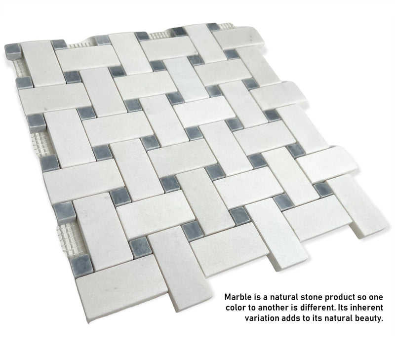 Thassos White Marble 1x2 Basketweave Mosaic Tile with Gray Marble Dots Polished for Floor and Wall