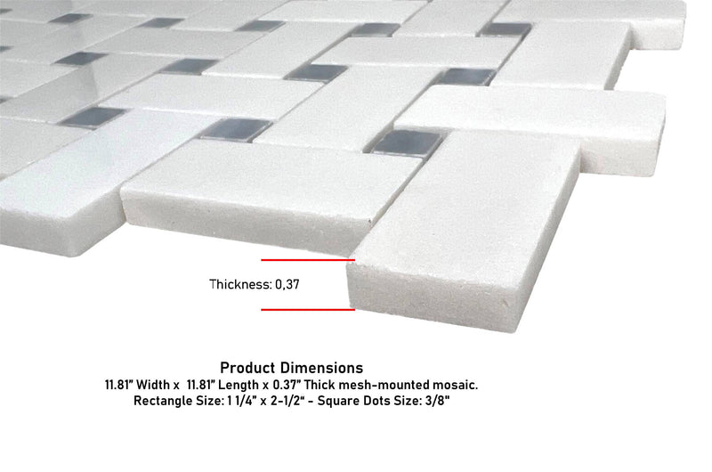 Thassos White Marble 1x2 Basketweave Mosaic Tile with Gray Marble Dots Polished for Floor and Wall