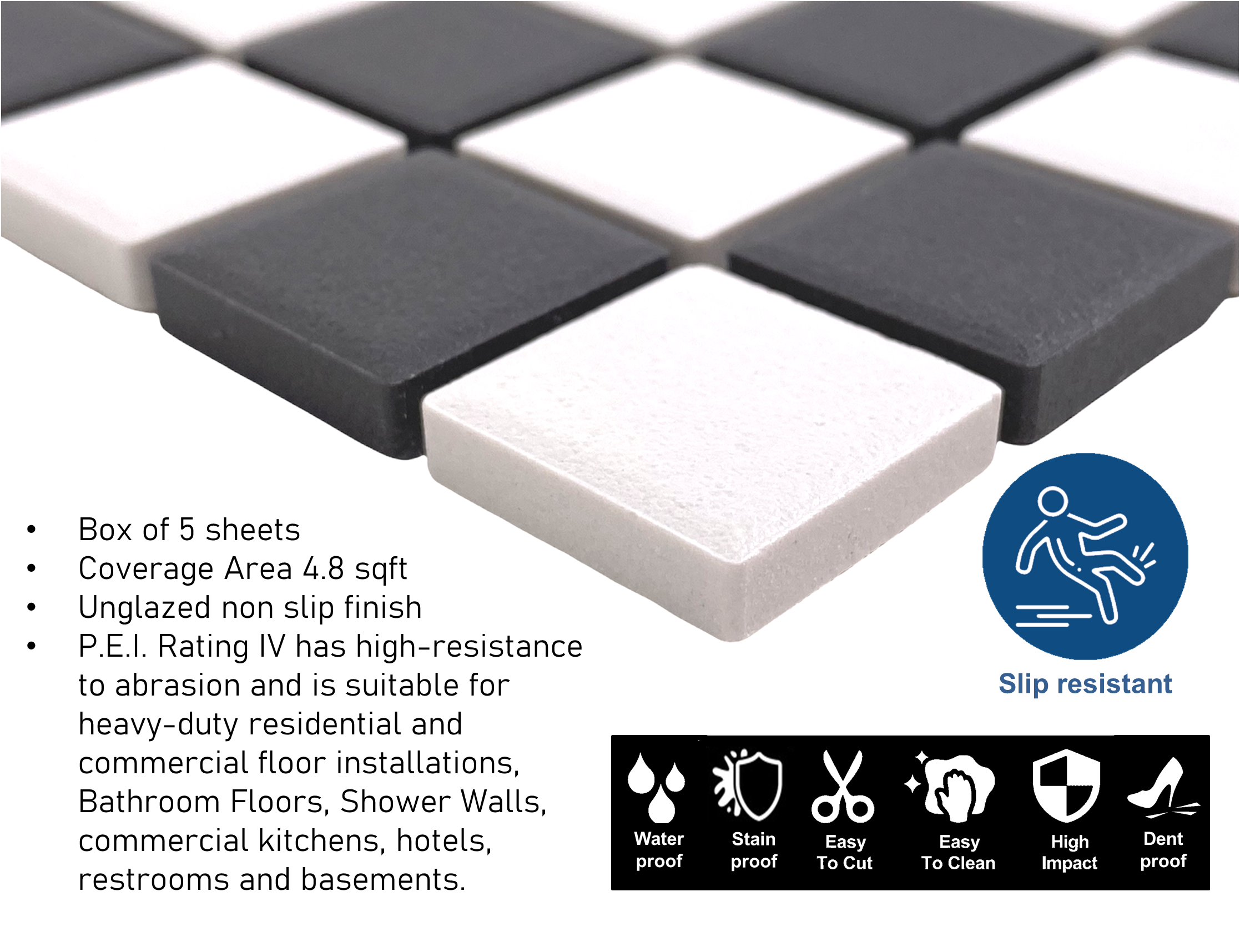 TDPW-UGBW1X1-400 Black Greyish & White Checkered Unglazed Porcelain 7/8 Inch Square Mosaic Tile for Bathroom Floors, Walls, Kitchen Backsplash and Pool (Not Peel and Stick)