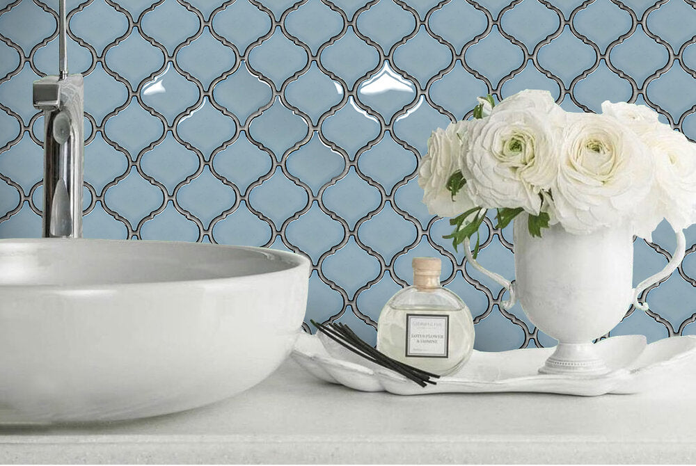 Santorini Sky Blue Lantern Porcelain Glossy Mosaic Wall Tile for Kitchen Backsplash Bathroom Wall Pool Tiles by Tenedos (Box of 10 Sheets)