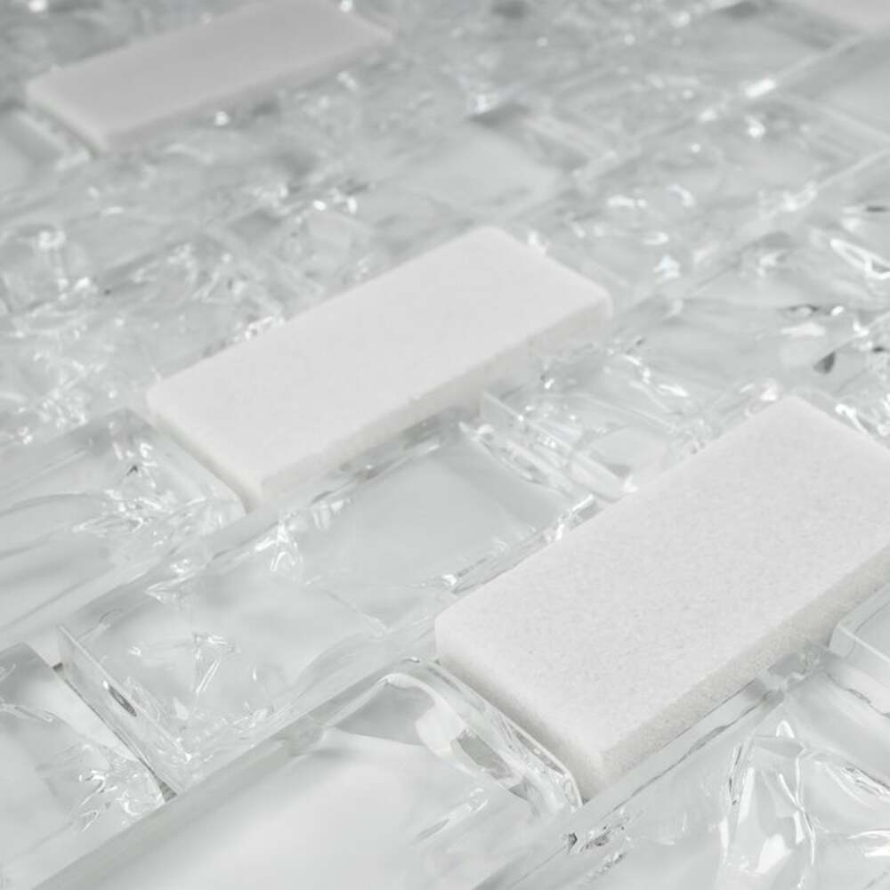 White Crackle Glass and Bianco Marble Mosaic Tiles