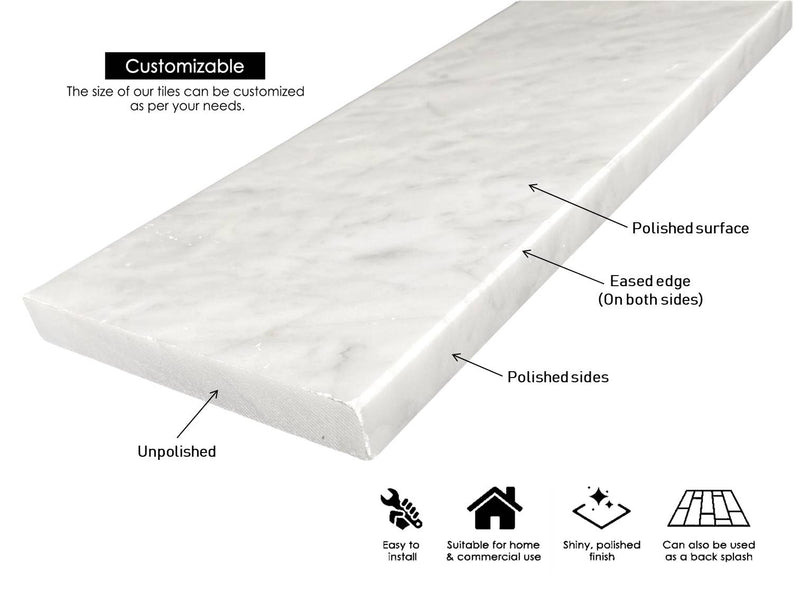 Carrara Marble Floor Doorway Threshold (Marble Saddle) Polished for Shower Curb, Window Sill, Vanity Backsplash, Floor Transition